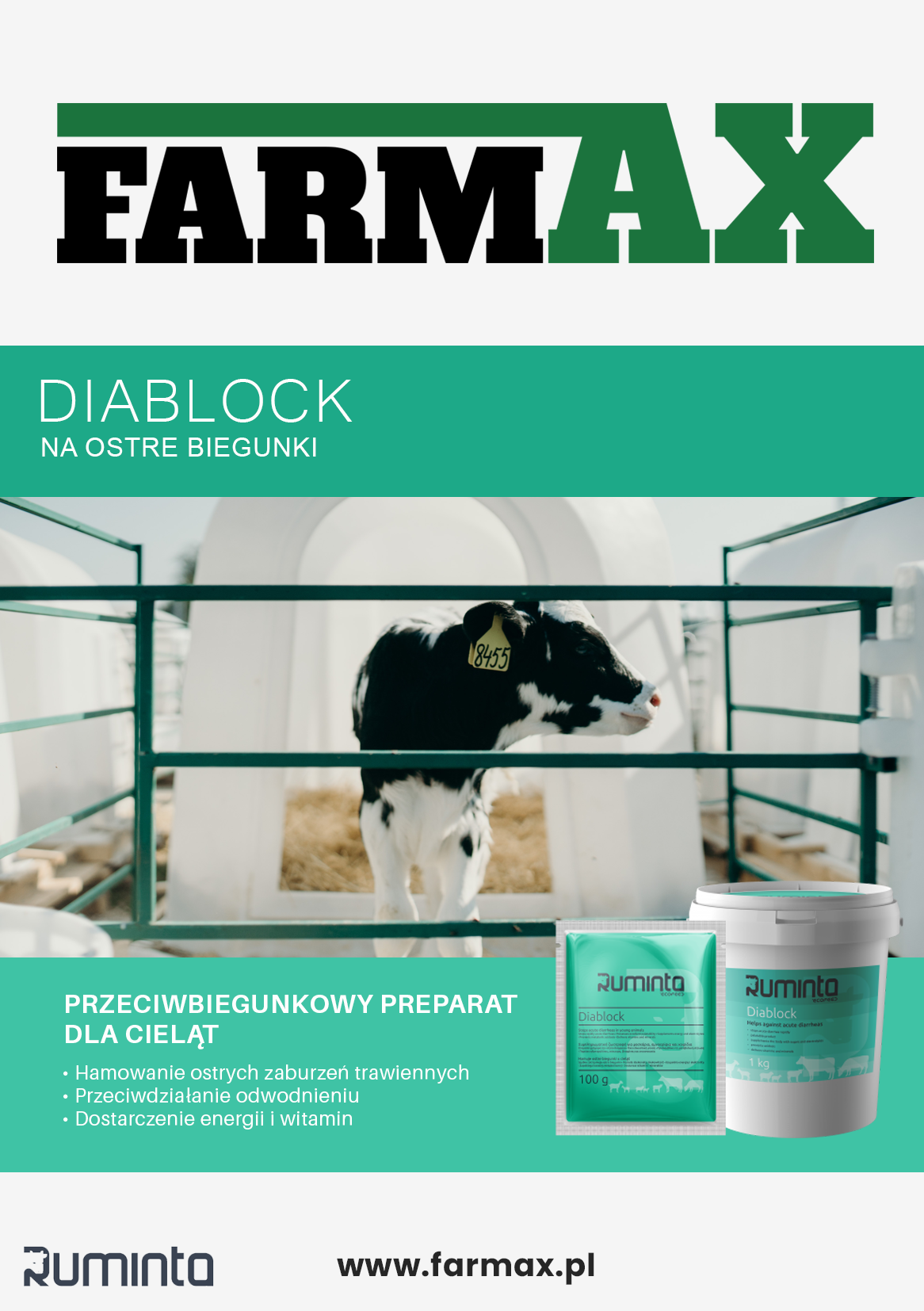 Ruminta Produkt Przeciw Ostrym Biegunkom u Cieląt Jagniąt Koźląt Prosiąt Diablock 1kg